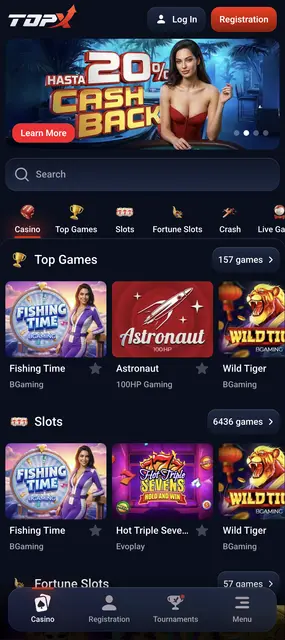 Página de inicio con el banner de cashback de hasta el 20% en TopX desde el celular