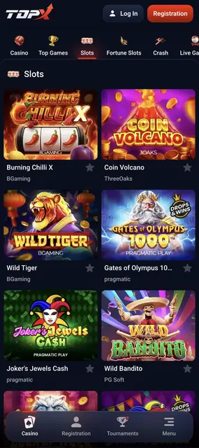 Pantalla de TopX: tragamonedas destacadas como Burning Chilli X y Coin Volcano
